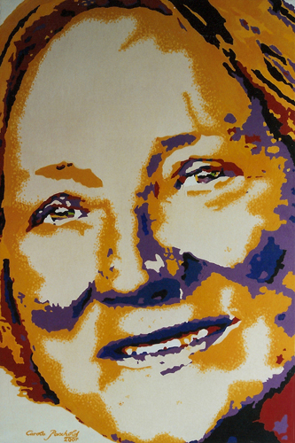 Kunstsammlerin Hiltrud Neumann im Portrait von Carola Paschold im Pop Art Stil, gelb, violett, weiß, mit roten Akzenten, gemalt